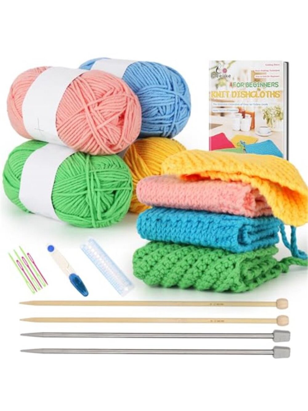 Knitting Kit for Beginners Cotton Yarn Bamboo Needles DIY Craft Set Dishcloth